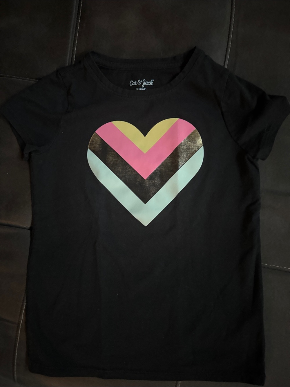 Cat & Jack Black Tee with Pink, Yellow & Light Blue Chevron Heart